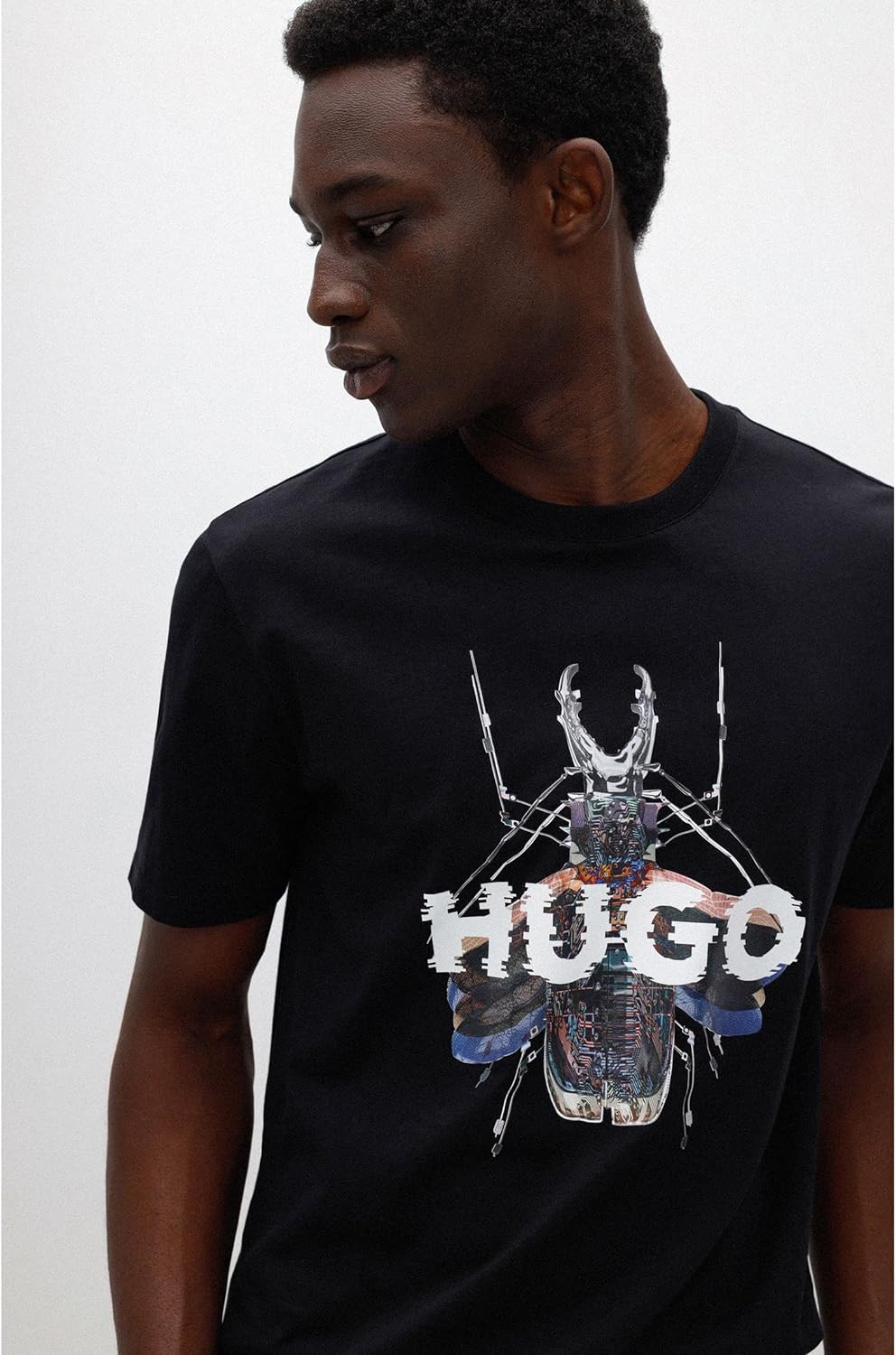 HUGO Herren Dugy T-Shirt aus Baumwoll-Jersey mit Cyber-Bug- und Logo-Artwork Schwarz L