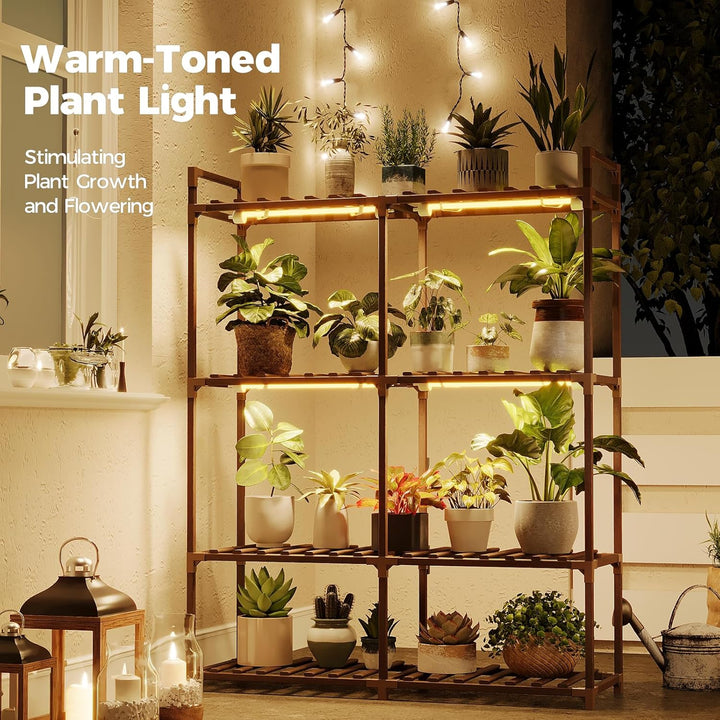 Bamworld Blumenständer mit Pflanzenlampe, 8-stöckiges Pflanzenregal aus Holz mit LED Grow Light, Pfl