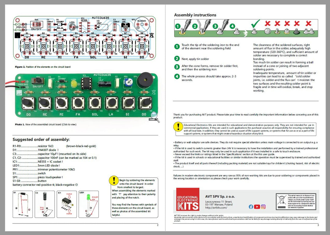 AVTEDU635 KIT DIY Miniklavier, Elektronik Bausatz, Elektronik-Bastelkit, Übungsplatine für Anfänger,