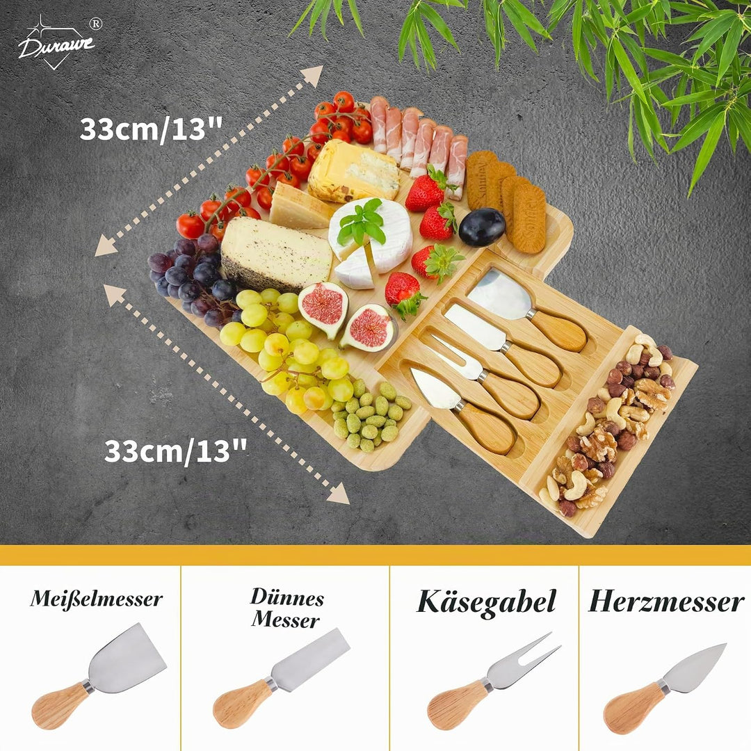 Bambus Käsebrett mit 4 Messern – Servierplatte aus Holz, Charcuterie Board für Aperitif, Geburtstag,