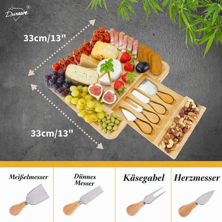 Bambus Käsebrett mit 4 Messern – Servierplatte aus Holz, Charcuterie Board für Aperitif, Geburtstag,