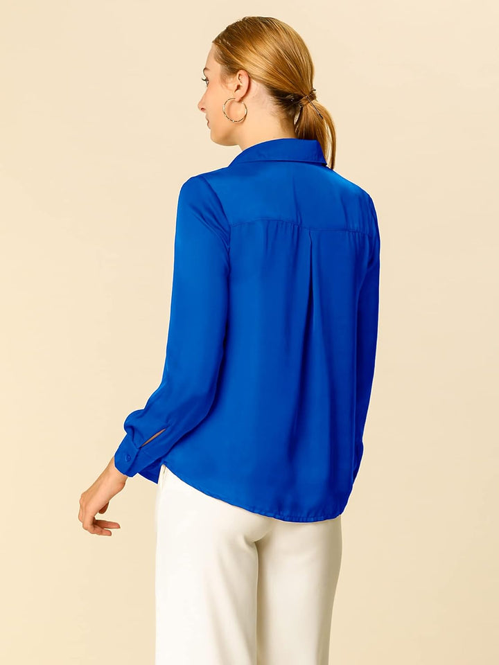 Allegra K Damen Satin Bluse Langarm Hemdkragen V-Ausschnitt Shirt Elegant Top XS Königsblau, XS Köni