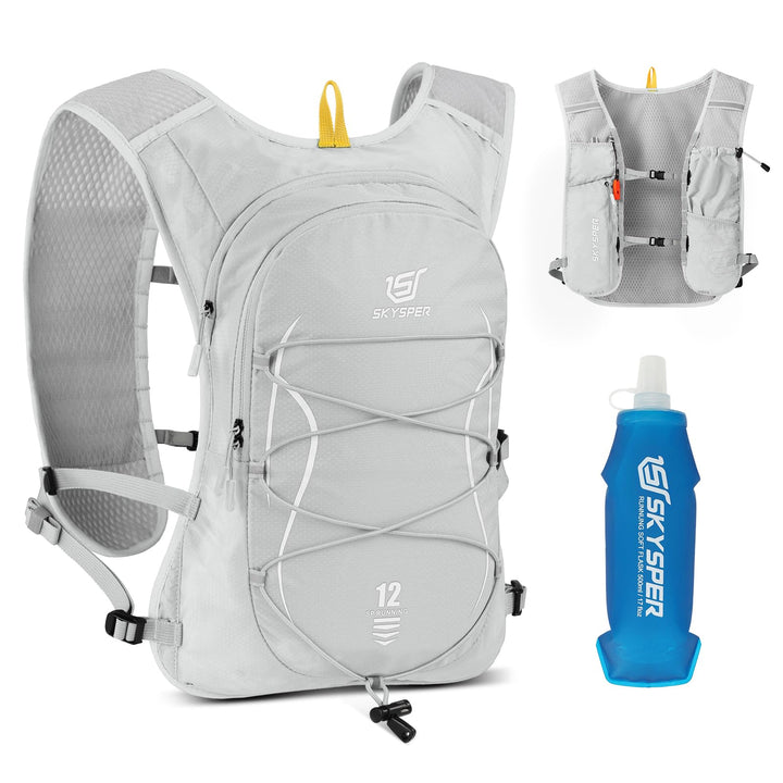 SKYSPER Laufweste für Damen Herren 12L Laufrucksack mit 500ml Trinkflasche Reflektierende Trinkweste