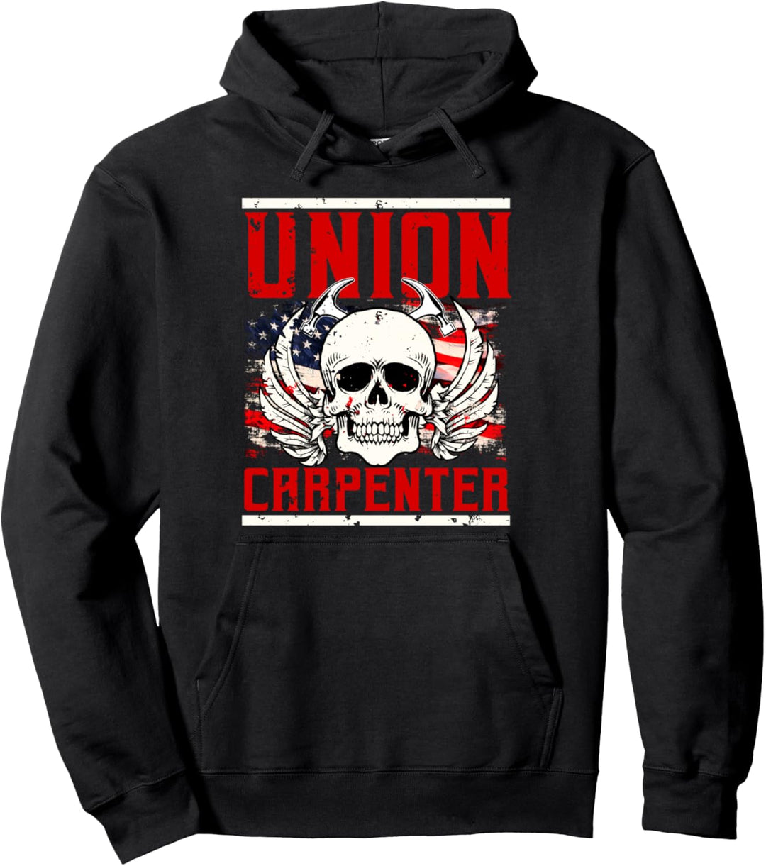Carpenter Gifts Patriotic American Flag Union Skull Pullover Hoodie