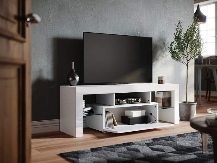 SONNI TV Board, Weiss Griffloses Design, TV Schrank, Hochglanz mit LED Beleuchtung, 12 Farben können