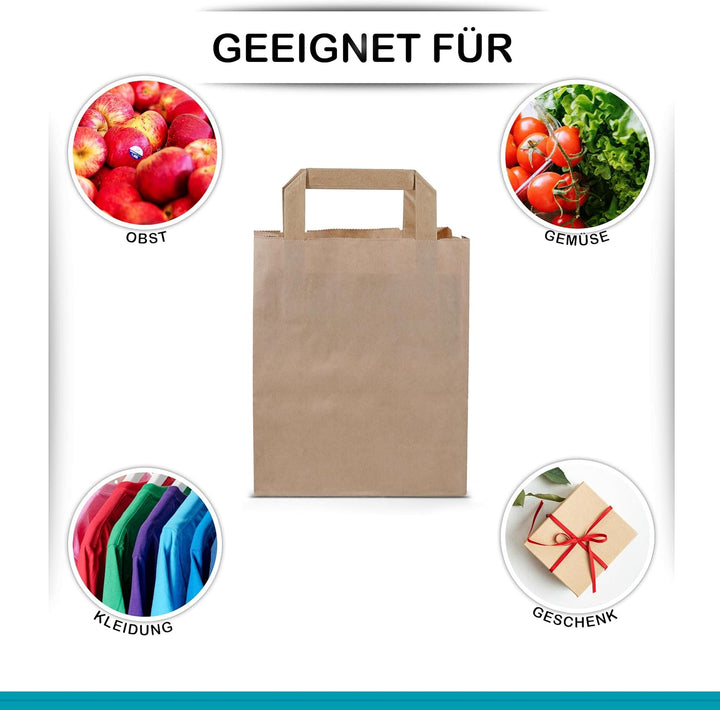 Commerline Papiertüten 250 Stück, Braun, 18+8x22 cm | Kraftpapier Tüten Klein Mit Henkel | Tragetasc