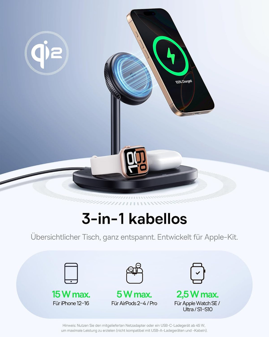 Baseus EnerFill 3-in-1 Kabelloses Ladegerät mit TEC Cooling, 22.5 W Kabellose Ladestation, Induktive