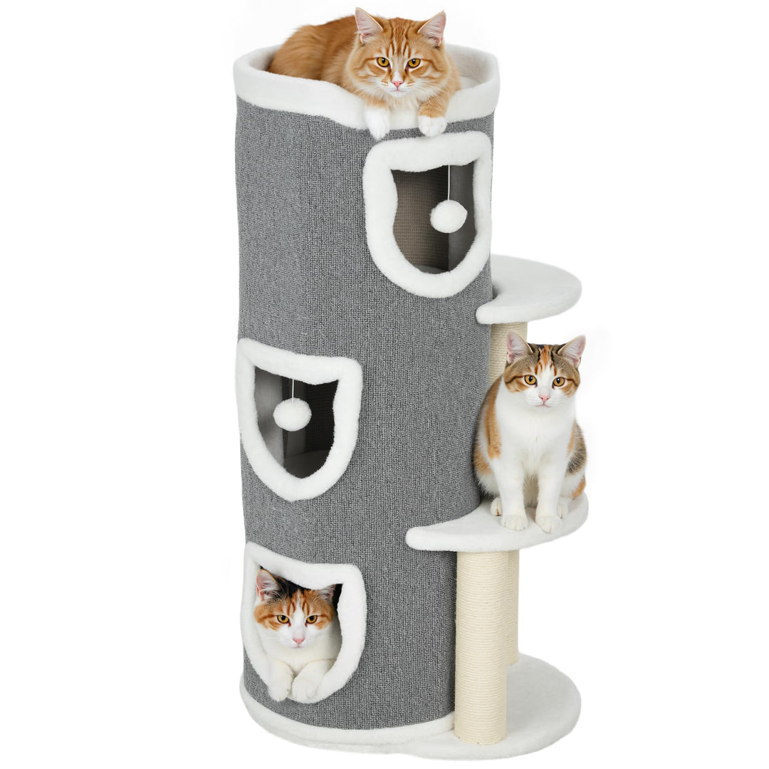 PawHut Kratztonne, 101 cm hoch Katzentonne mit Höhle, Spielball, Plüschrand, mehrstöckig Kratzbaum m
