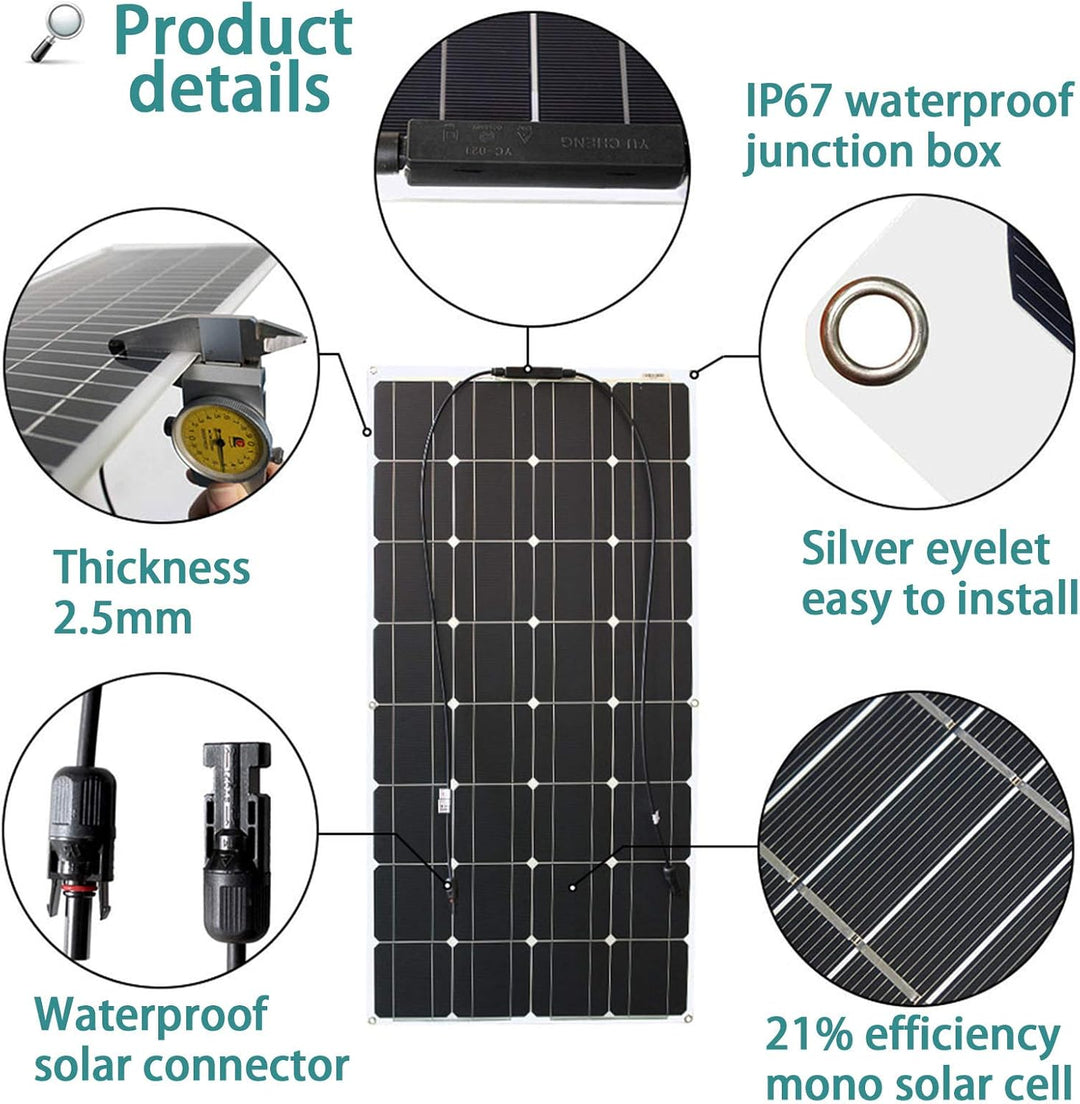 100W 12V Solarpanel Kit Flexible Monokristalline Solarpanel mit 10A Solarladeregler und 3m Solarkabe