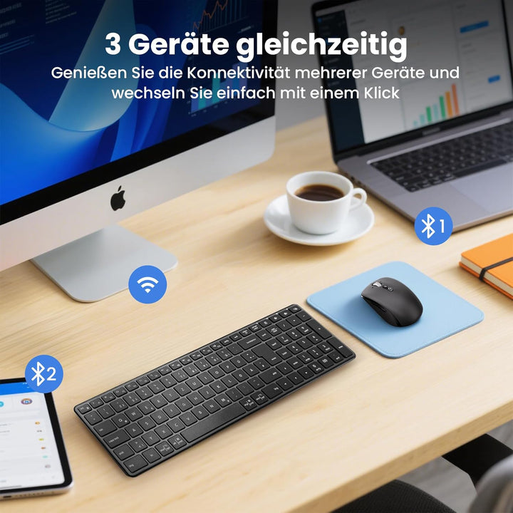 Kabellose Bluetooth-Tastatur-Maus-Kombination (USB+BT×2),ultradünne,leise,kompakte PC-Computertastat