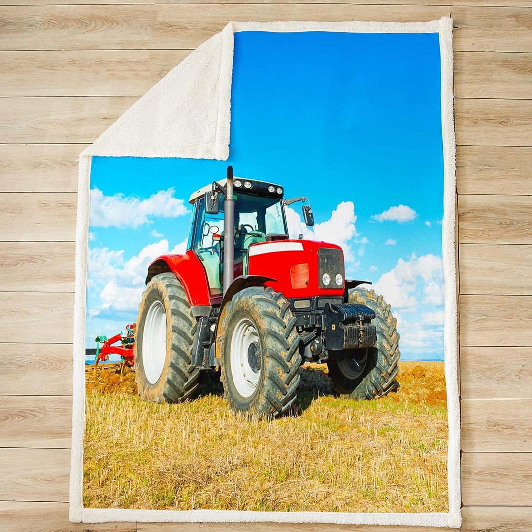 Loussiesd Jungen Traktor gedruckt Kuscheldecke Bauwagen Muster Wohndecke für Bett Rot Schwere Maschi