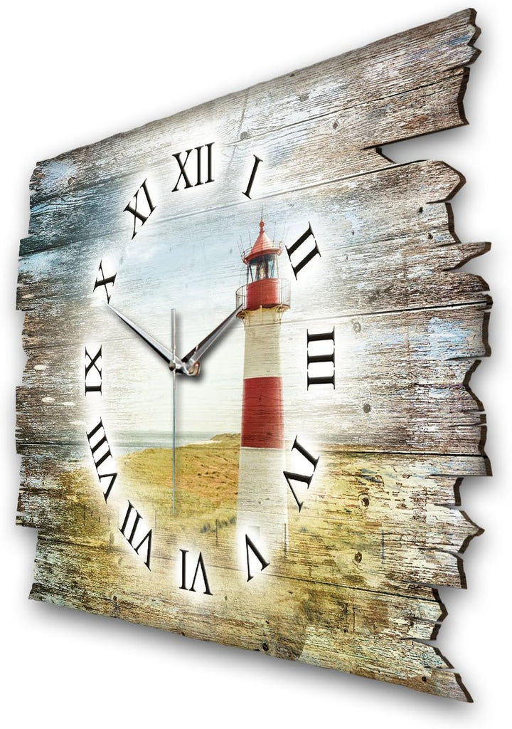 Kreative Feder Leuchtturm Rot Landhaus Shabby Style Designer Wanduhr Funkuhr aus Holz *Made in Germa
