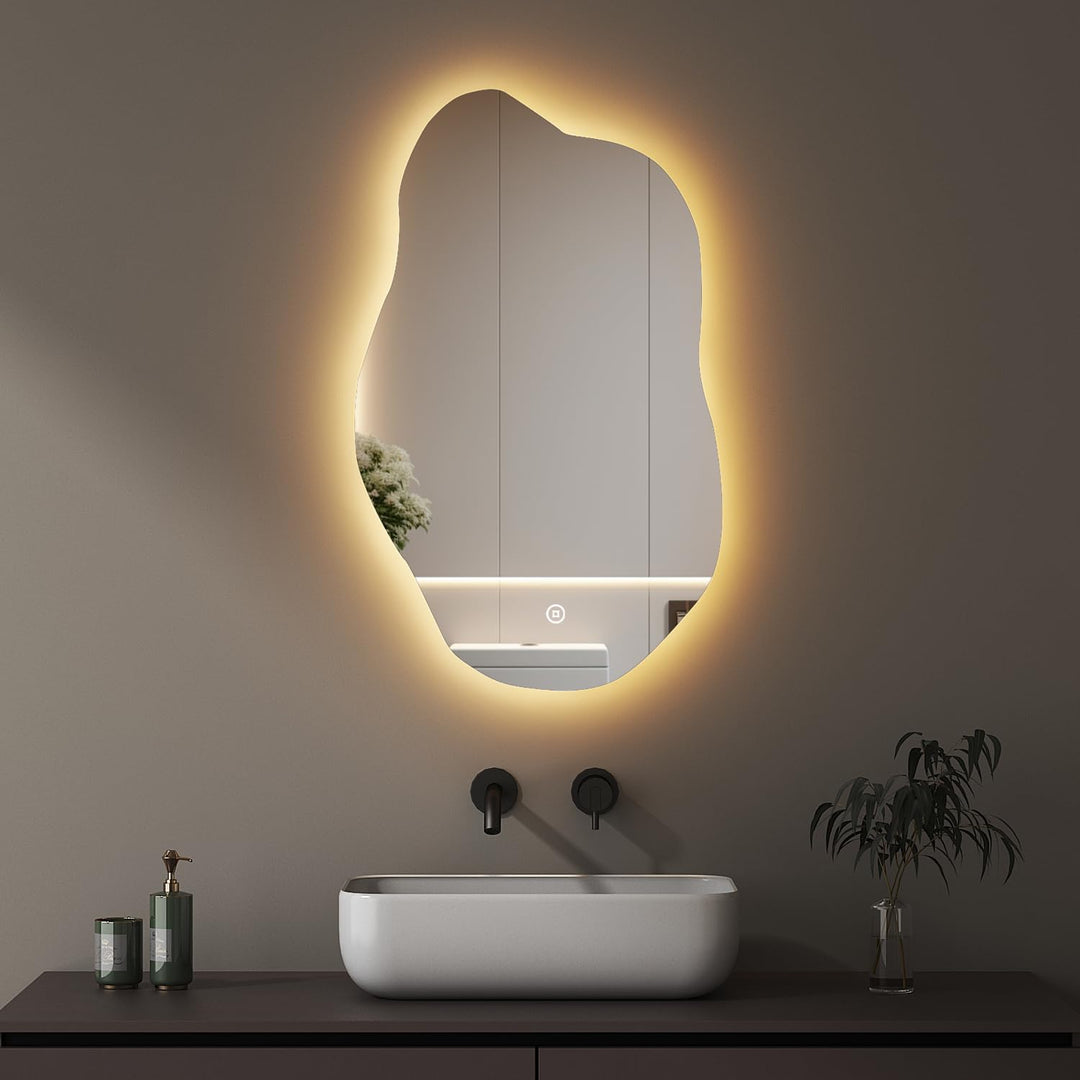 Boromal Asymmetrischer Spiegel mit Beleuchtung, Badspiegel mit Beleuchtung 62x90cm Badezimmerspiegel