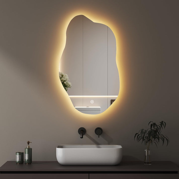 Boromal Asymmetrischer Badspiegel mit Beleuchtung 62x90cm LED Asymmetrischer Spiegel mit Beleuchtung