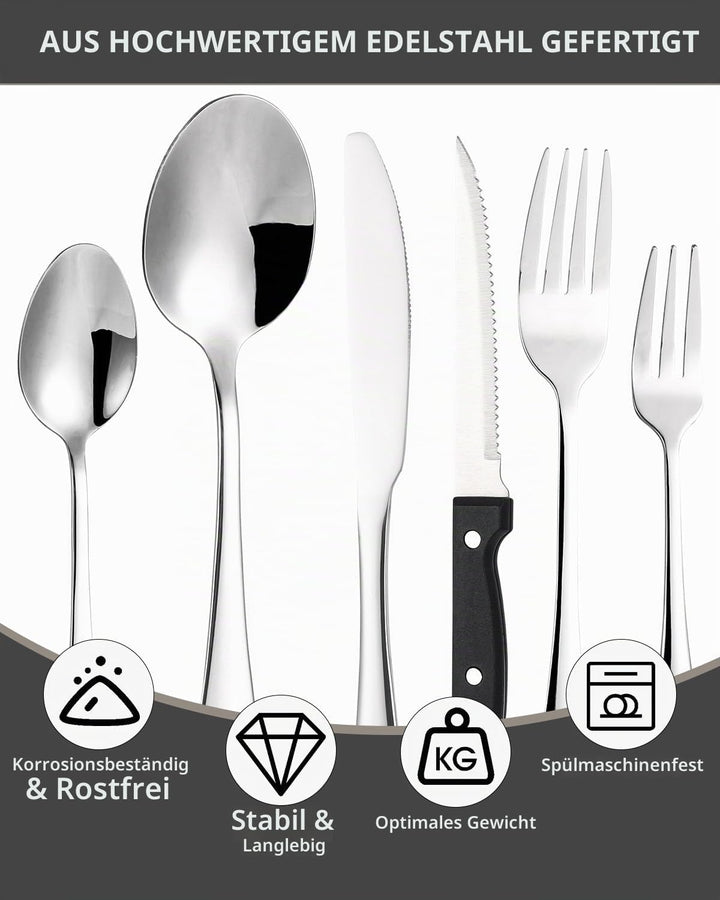 Besteck Set 12 Personen, 72 teilig Edelstahl Bestecksets, mit Steakmesser, Elegantes Essbesteck, Hoc