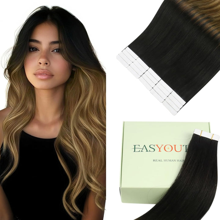 Easyouth Tape Extension Echthaar Remy Extension Tape Echthaar Farbe Off Black zu Mittelbraun Mit Hon