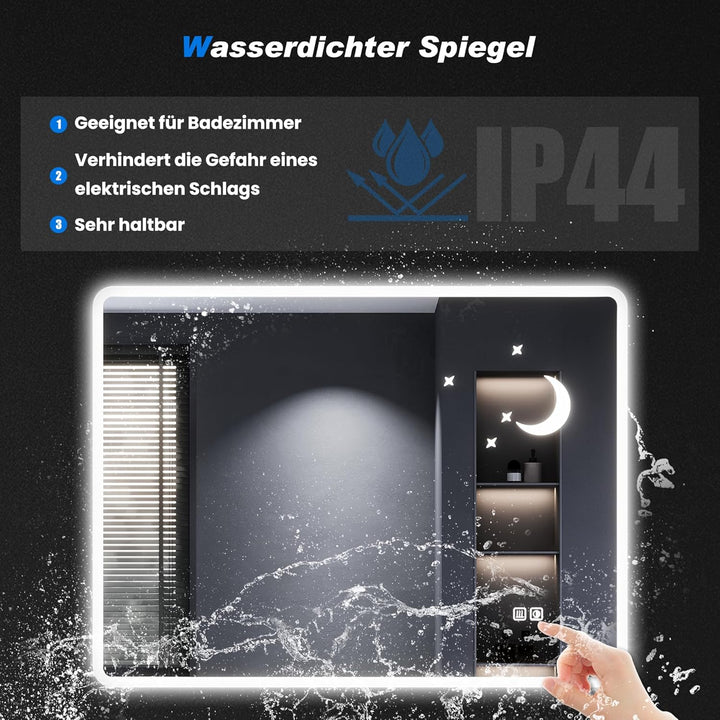 SONNI Badspiegel mit Beleuchtung 100x60 cm, LED Spiegel mit Touch-Schalter, Dimmbar, Beschlagfrei, 3