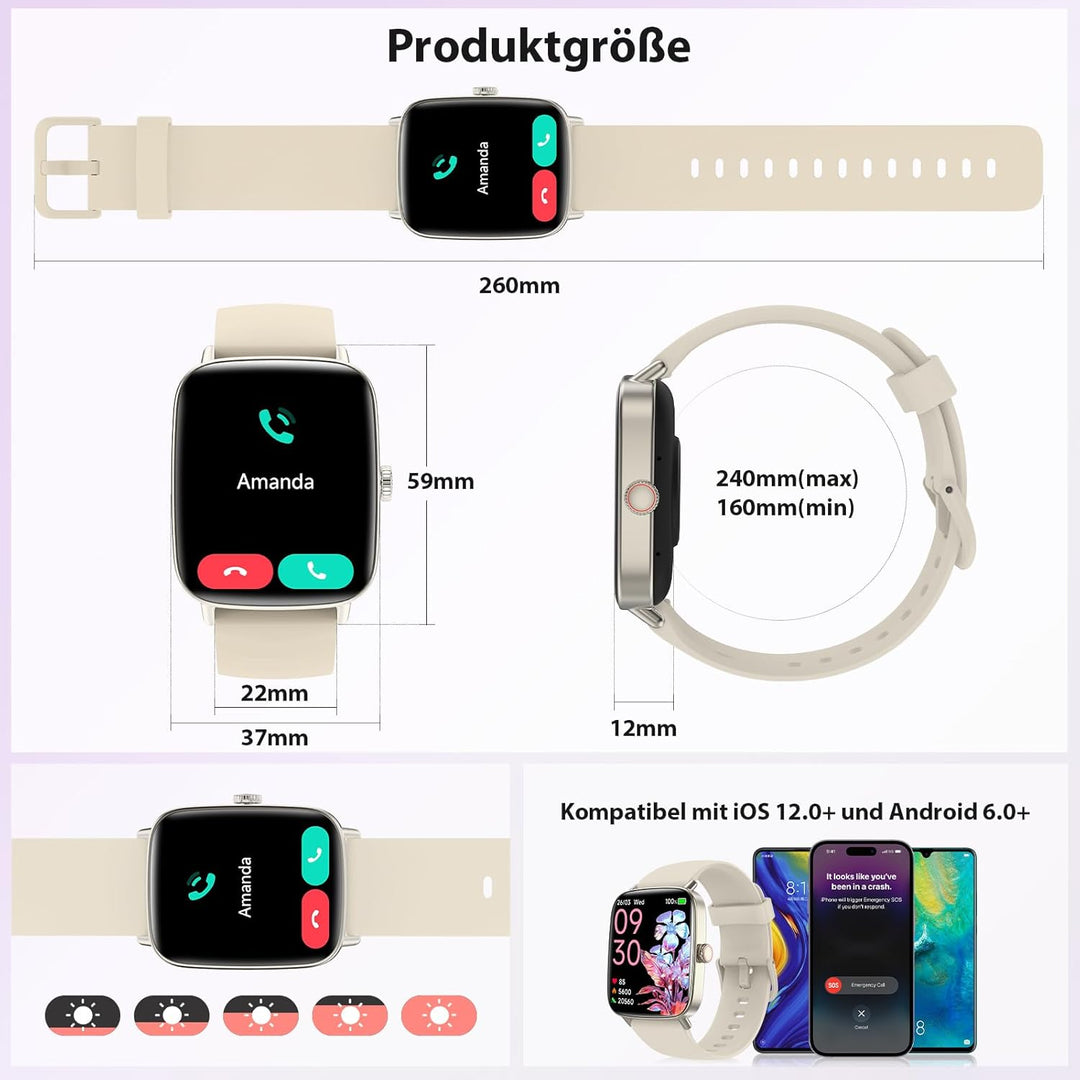Smartwatch Damen, 1.85" Smart Watch mit Telefonfunktion, Fitnessuhr Damen mit Pulsuhr Schlafmonitor