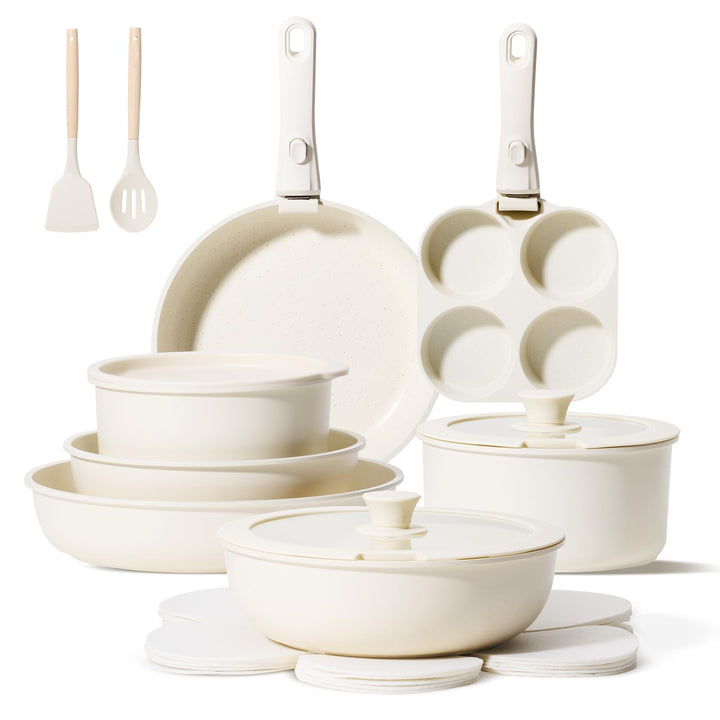 JEETEE Topfset Pfannenset mit abnehmbarem Griff 19-Teilig, Antihaft Topfset Induktion mit Lid, Stape