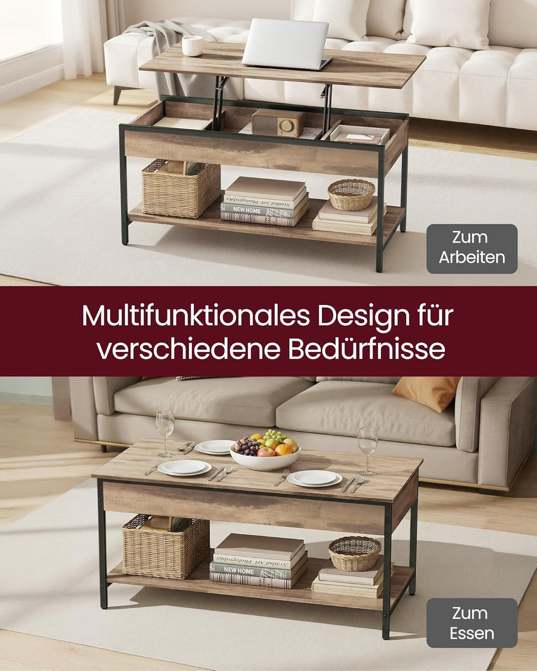 VASAGLE Couchtisch, höhenverstellbarer Wohnzimmertisch, Kaffeetisch, mit offenem Fach und versteckte