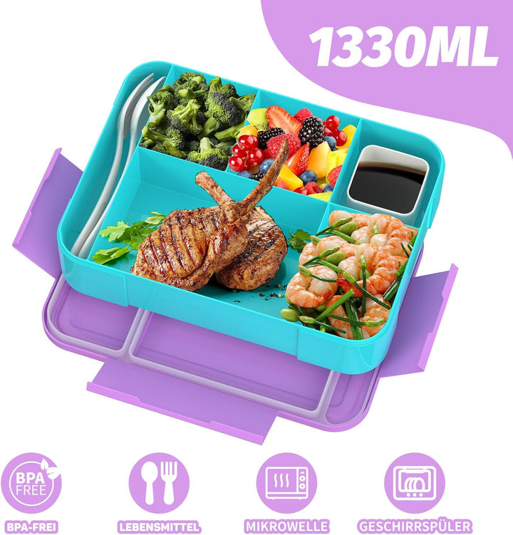 SWVIODMT Brotdose Kinder mit Fächern 1300 ml Lunchbox für Kinder, Auslaufsichere Lunchbox mit 5 Fäch
