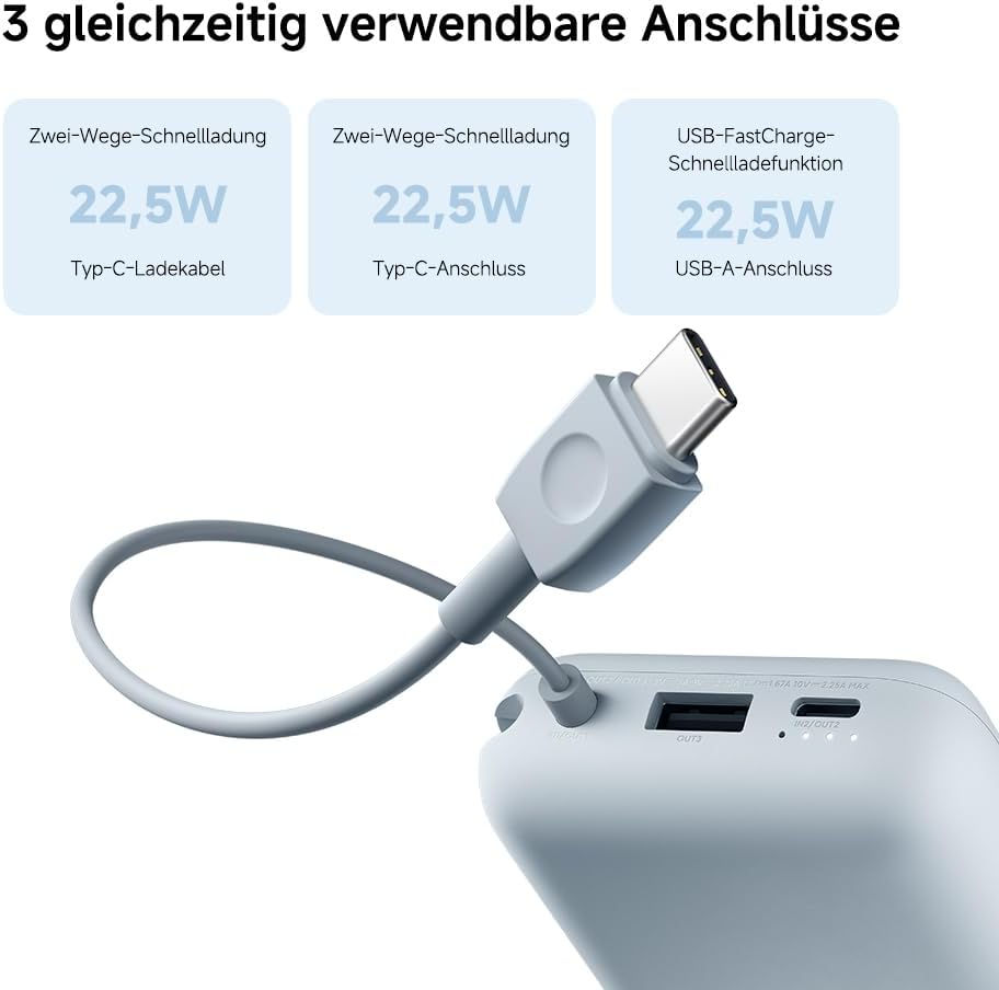 Xiaomi 22.5W Power Bank mit Integriertem Kabel - 10000mAh, Schnellladefunktion, lädt 3 Geräte gleich