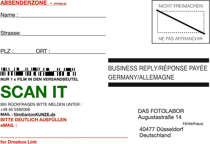 400 ASA B+W Rollfilm 120mm + Filmentwicklung + Scann mit Rückversand der Negative