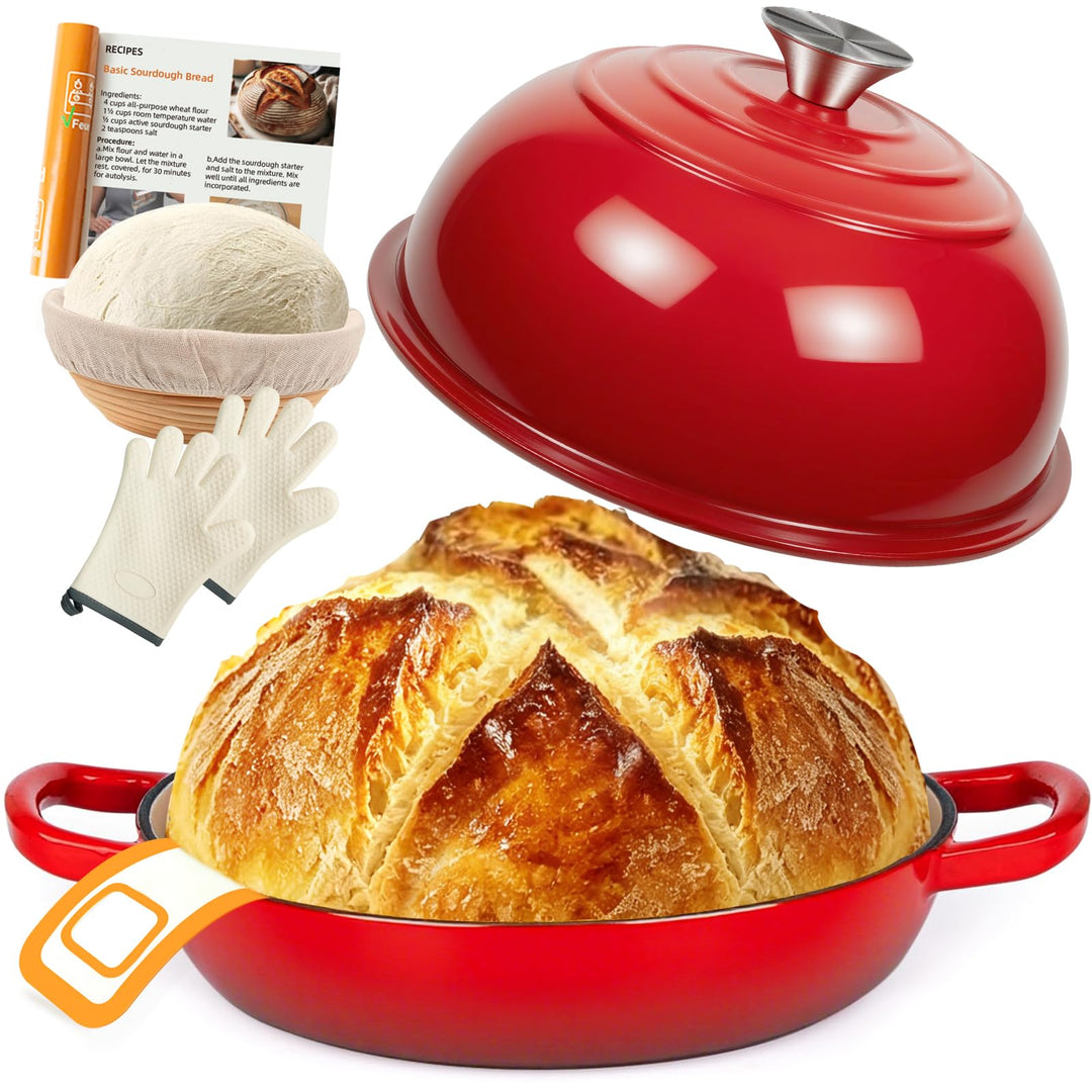 AHJ Gusseisen Topf Brot Backen, 5,7L Bräter Emaille Schmortopf mit Deckel und Griffen,26 cm Dutch Ov