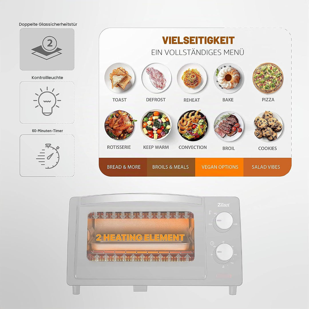 Zilan Elektro-Backofen, 9 l, Doppel-Sicherheitsglas, Timer, 2-teilig, Quarzwiderstand, Krümelplatte,