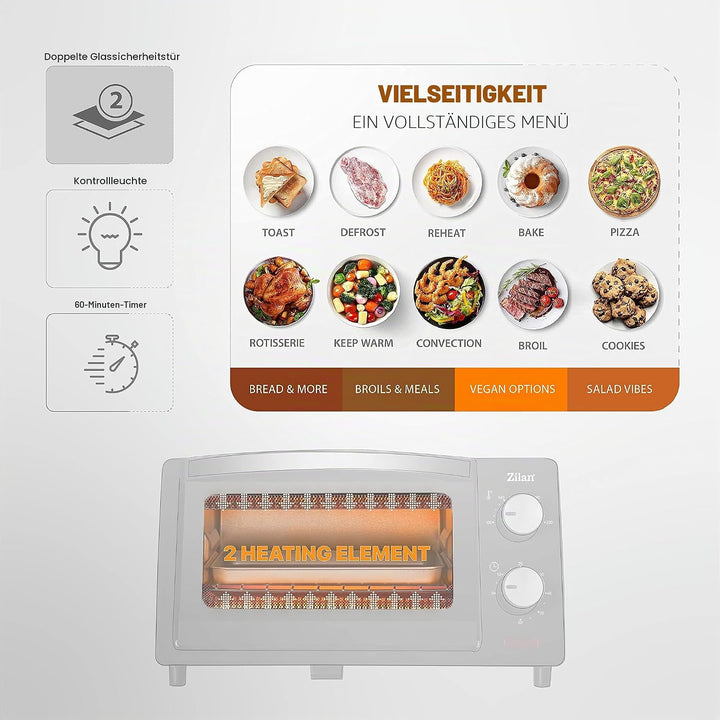Zilan Elektro-Backofen, 9 l, Doppel-Sicherheitsglas, Timer, 2-teilig, Quarzwiderstand, Krümelplatte,