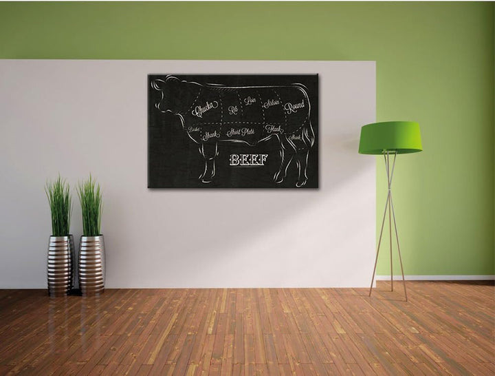 Pixxprint Kuh Kreidezeichnung als Leinwandbild/Grösse: 100x70 / Wandbild/Kunstdruck/fertig bespannt,