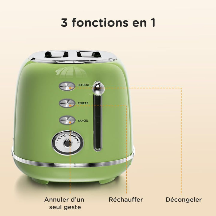 Retro Toaster 2 Scheiben Edelstahl – Brötchenaufsatz, 6 Röststufen, Vorheiz- und Auftaufunktion, Abs