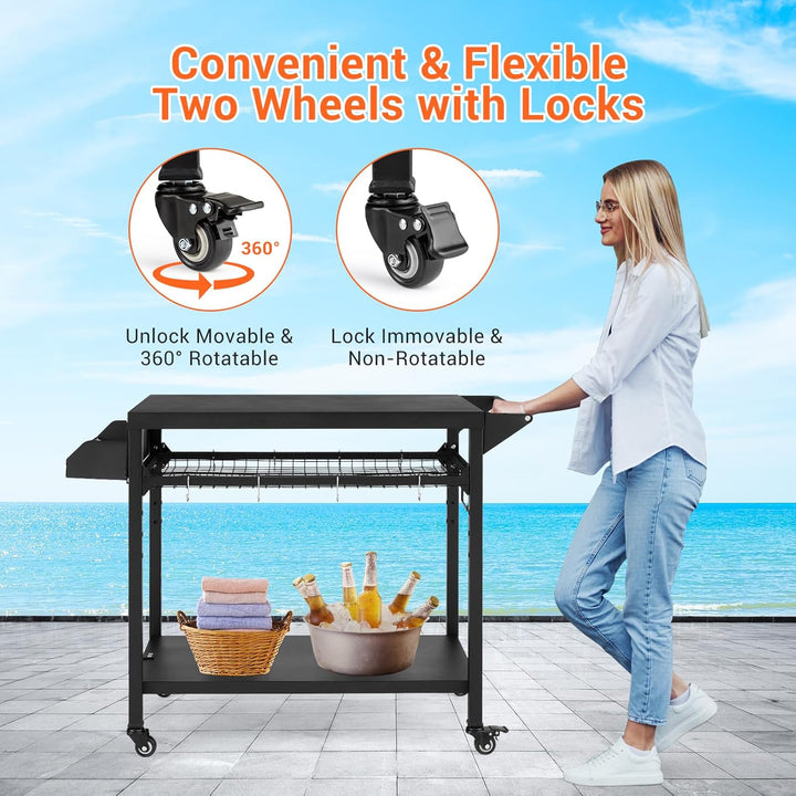 GarveeTech Grillwagen Outdoor – Mobiler Grilltisch mit 3 Ablagen, Gitterablage, Rollen & Haken für G
