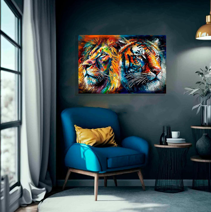 Artley Prints - Löwe und Tiger Collage Bunte Leinwandbilder für Wohnzimmer - Wandkunst für Schlafzim