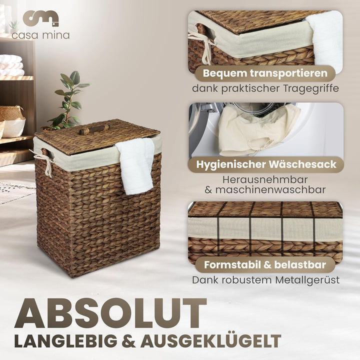 Casa Mina® Wäschekorb mit Deckel 39 x 30 x 50cm hoch I Atmungsaktiver Wäschekorb geflochten aus 100%
