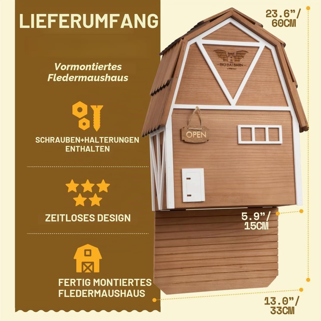 WildYard Big Bat Barn 3-Kammer-Fledermaushaus - Braun, inkl. Montagematerial - Schutz für bis zu 150