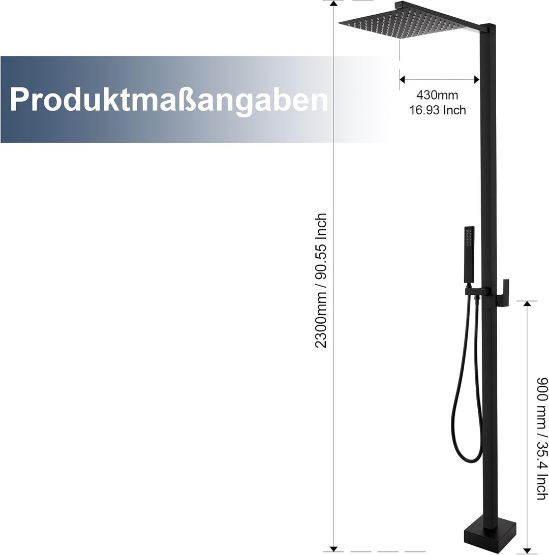 Freistehende Schwarze Edelstahl Gartendusche mit Warm- &amp; Kaltwasser | 10-Zoll Regenduschkopf, Edelst