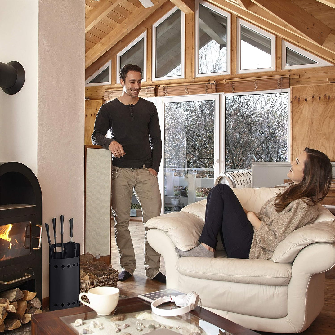 Relaxdays Kaminbesteck Set, 5 tlg., modern, Kamingarnitur mit Eimer, Schürhaken, Ascheschaufel, Bese