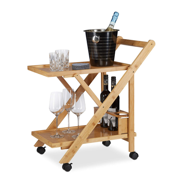 Relaxdays Küchenwagen Bambus, Servierwagen klappbar mit Flaschenhalter, Rollwagen Holz, HxBxT: 70 x