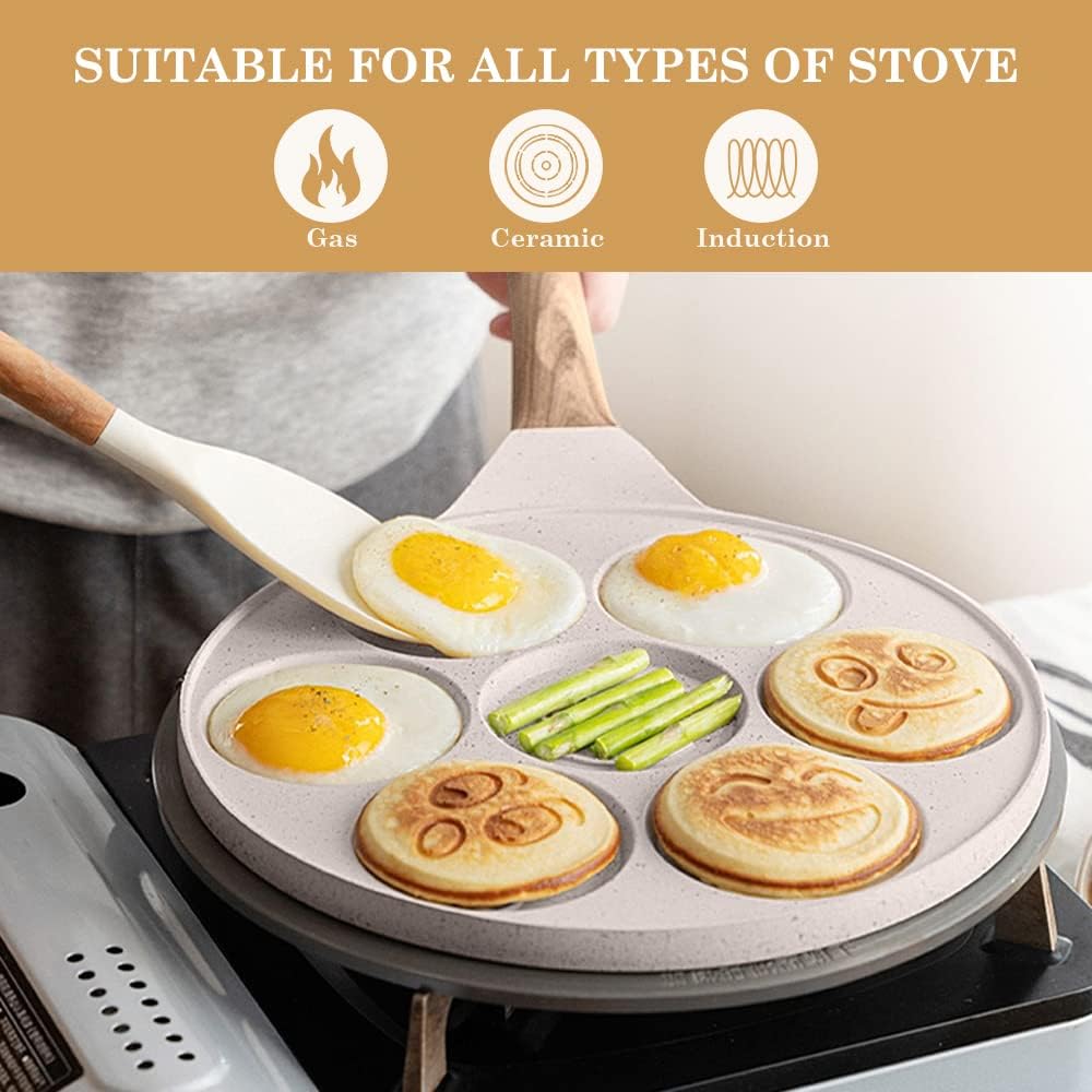 Pancake Pfanne Induktion, Antihaft Pancake Maker 7 Löcher mit Smiley-Gesichtern Spiegelei-Pfanne, zu