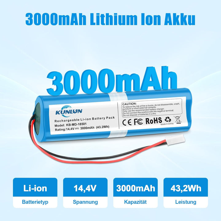 KUNLUN 3000mAh 14.4V Ersatzakku für iLife V3s Pro V50 V5s Pro V8s X750 für Medion MD 18500, MD 18501