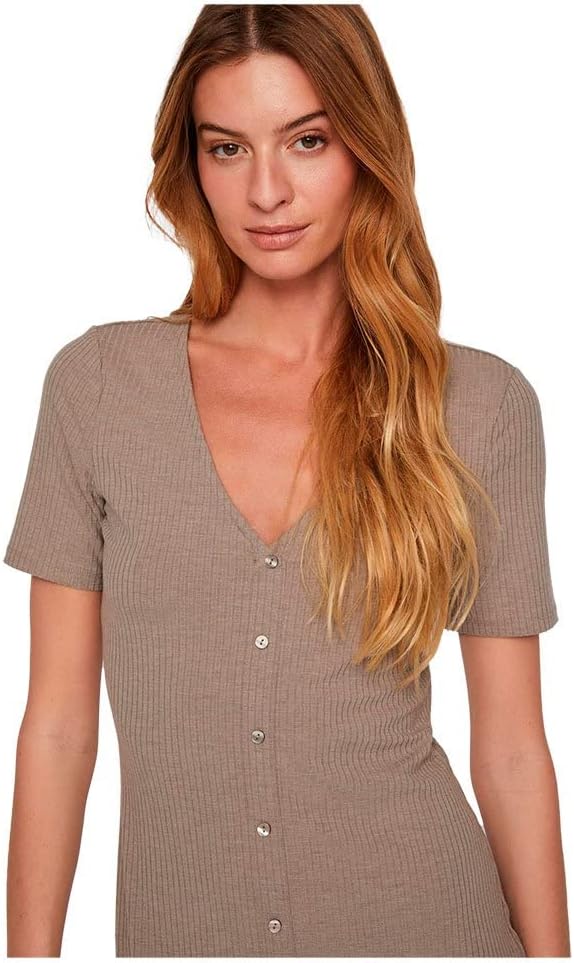 Vila Damen Vifelia Button S/S Midi Dress/Su-Noos Midikleid XXL Walnut/Detail:melange, XXL Walnut/Det