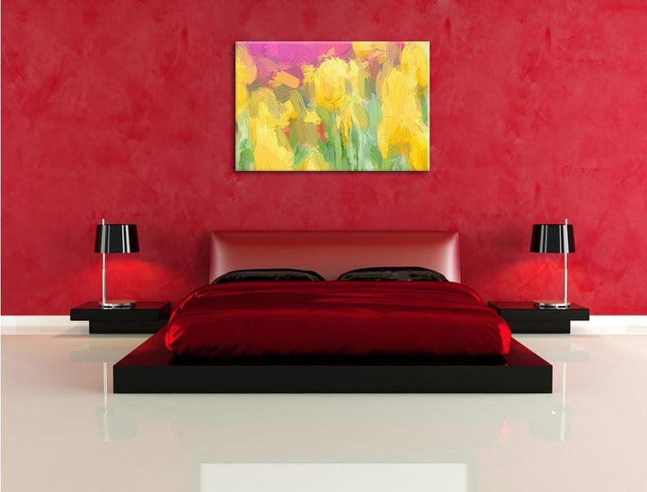 Pixxprint gelbe Tulpen im Frühling als Leinwandbild/Grösse: 100x70 cm/Wandbild/Kunstdruck/fertig bes