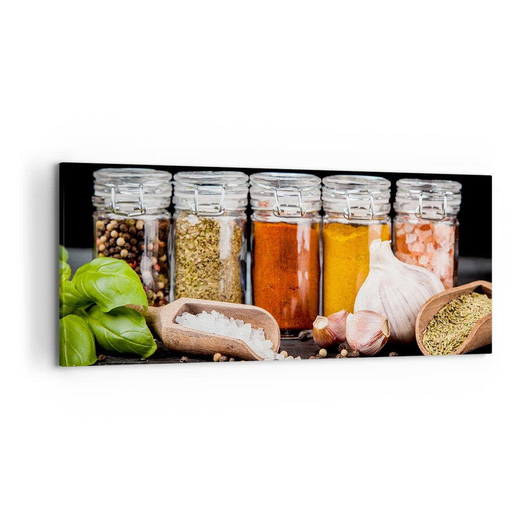 Wandbilder Dekoration Wohnzimmer Gewürze Knoblauch Holz Salz Panorama Bilder auf Leinwand 120x50cm L