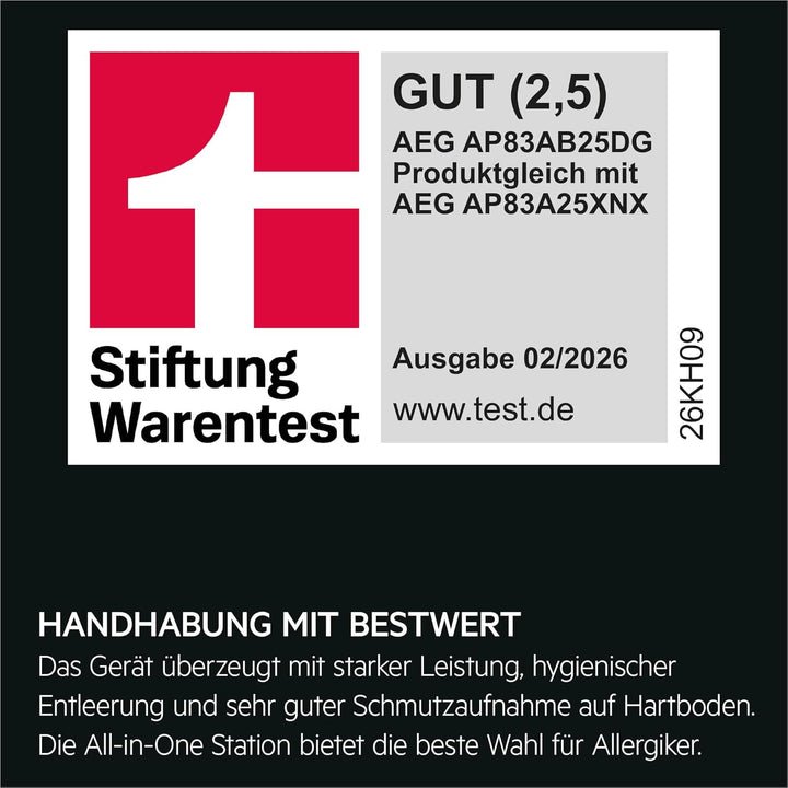 AEG Ultimate 8000 Akku Staubsauger mit Absaugstation, von Stiftung Warentest mit GUT (2,5), Auto‑Mod