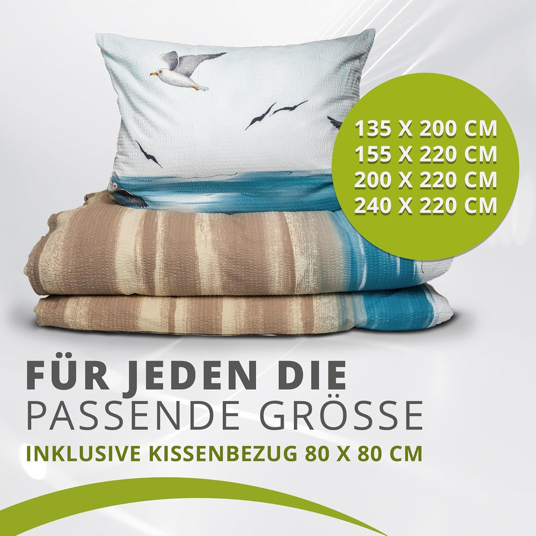 Traumschlaf Seersucker Bettwäsche Set •Bügelfrei• Maritimer Look Seemöven • mit Reissverschluss • 20