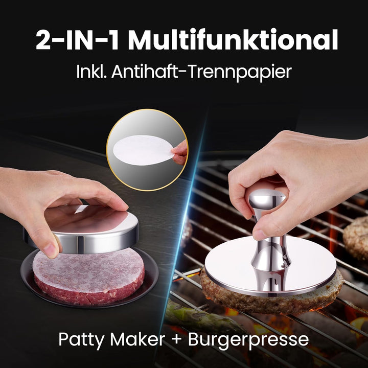 Burgerpresse aus Edelstahl 2-in-1 | Burger Patty Presse & Hamburgerpresse | inkl. Antihaft-Trennpapi