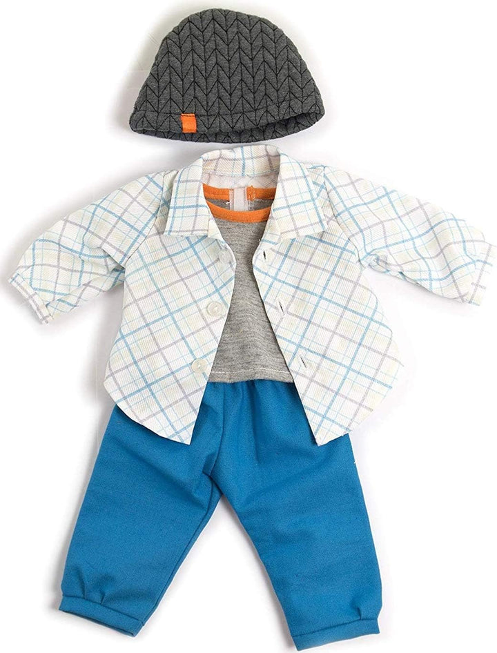 Miniland 31559 Puppenkleidung, blau, weiss, braun, grau, 38-40 cm Hose, T-Shirt, Hemd und Mütze, Hos