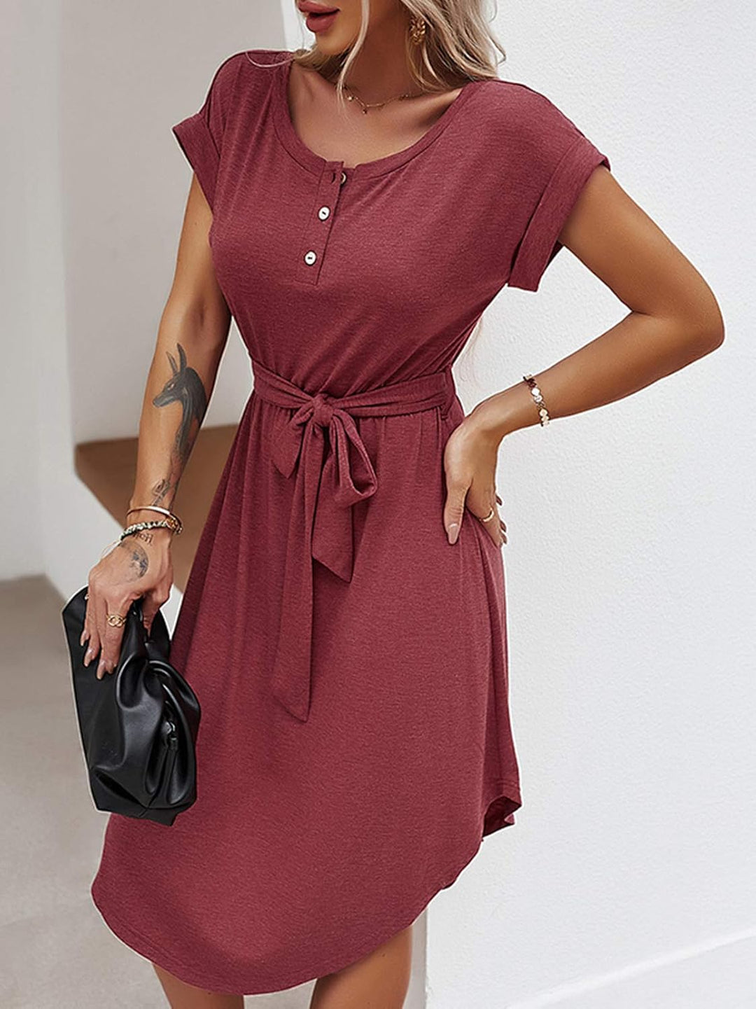 Bequemer Laden Damen Sommer Kleid Knopfleiste Kurzarm Midi Kleider Elegant Sommerkleid Businesskleid