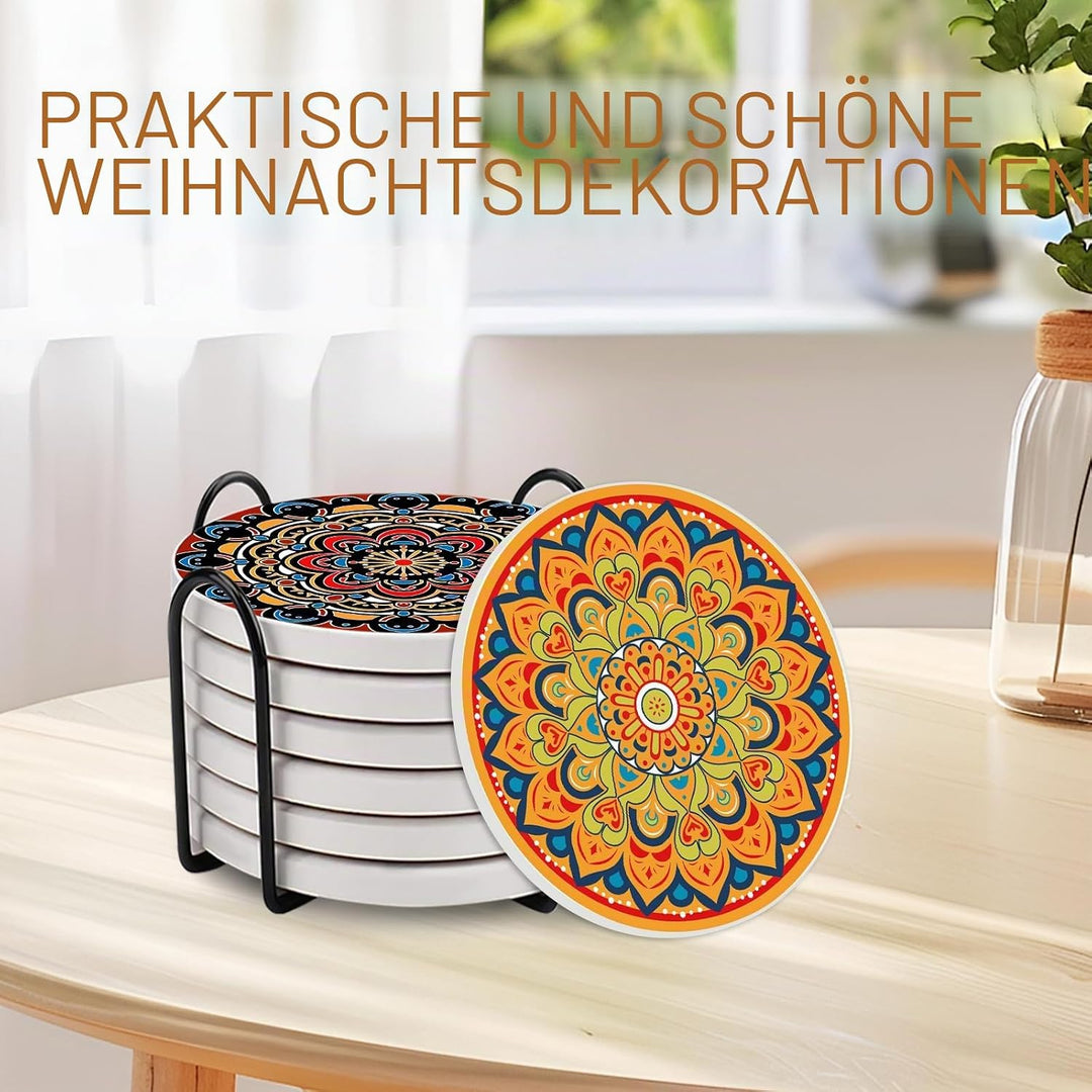 Boho Mandala Keramik Untersetzer, 6er Set Getränkeuntersetzer mit Metallhalter, saugfähige runde rut